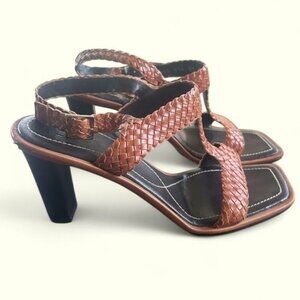 Escada braided leather 3" block heel sandals, neutral, chic size 39 EU ladies